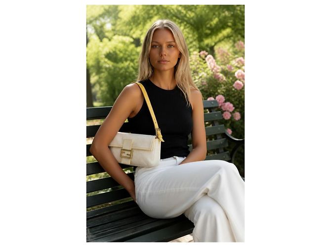 Fendi Baguette Tasche aus weißem Canvas und gelbem Python Silber Hardware - Ansicht 4