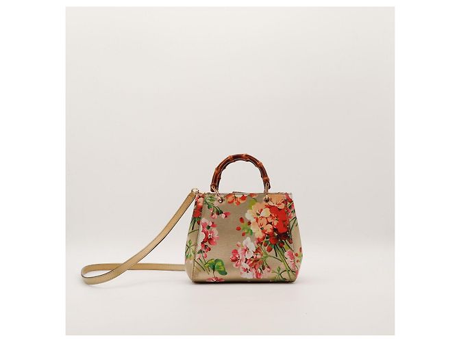 Borsa Gucci Bamboo Shopper con Stampa Floreale Rosa Rosso Beige Verde - vista 3