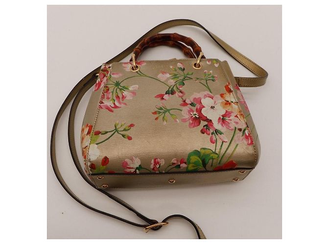 Borsa Gucci Bamboo Shopper con Stampa Floreale Rosa Rosso Beige Verde - vista 6
