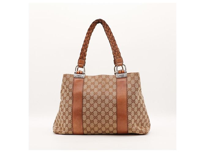 Bolsa Tote Gucci Monogram Canvas Bamboo Marrom Monograma - vista 3