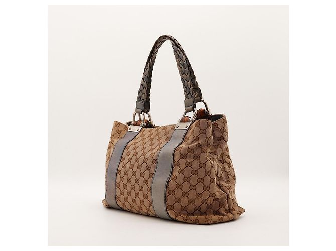 Borsa shopper Gucci Monogram Canvas Bamboo Marrone Beige - vista 2