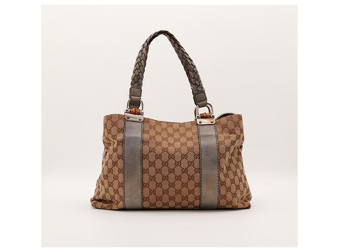 Borsa shopper Gucci Monogram Canvas Bamboo Marrone Beige - vista 3