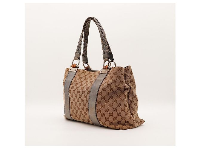 Borsa shopper Gucci Monogram Canvas Bamboo Marrone Beige - vista 4