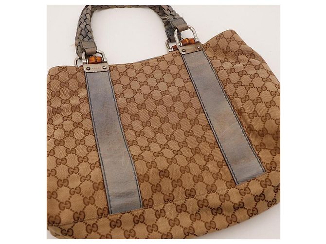 Borsa shopper Gucci Monogram Canvas Bamboo Marrone Beige - vista 6