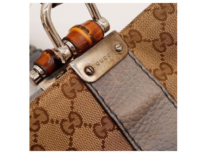 Borsa shopper Gucci Monogram Canvas Bamboo Marrone Beige - vista 7