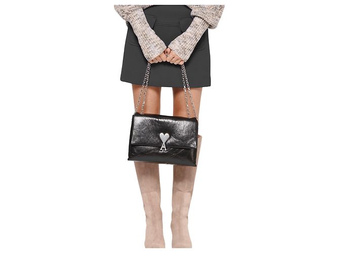 Ami Paris Bolso de hombro en cuero negro logo corazón - vista 4
