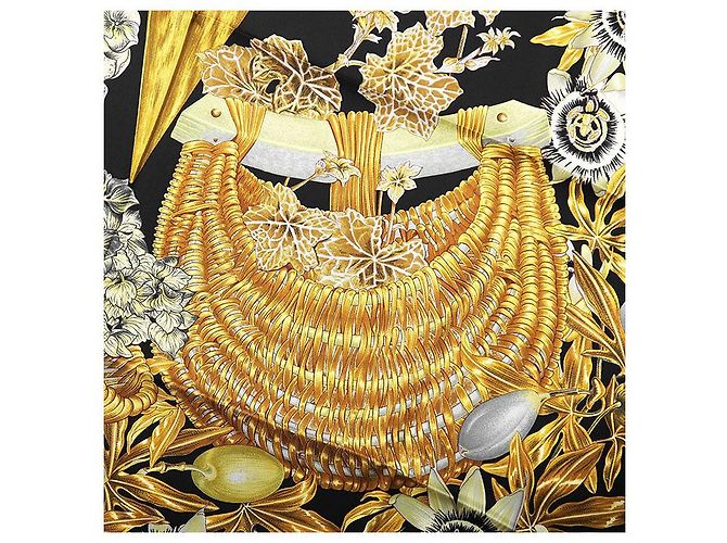 Sciarpa in seta Hermès Carré90 PASSIFLORES Nero Giallo - vista 6