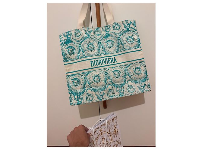 Borsa Tote Christian Dior Dioriviera in Tela Bianco Verde - vista 11