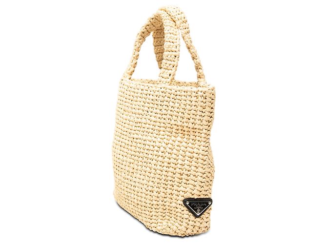 Tote Prada Beige Small Raffia Effect Crochet Embroidered Logo - vista 2