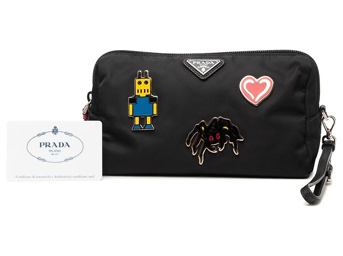 Saffiano Pochette da polso Prada Black Tessuto Robot Pins Nero - vista 7
