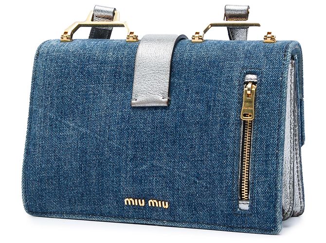 Miu Miu Borsa a tracolla Madras in denim blu e capra metallizzata - vista 2