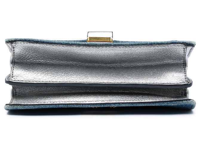 Miu Miu Borsa a tracolla Madras in denim blu e capra metallizzata - vista 3