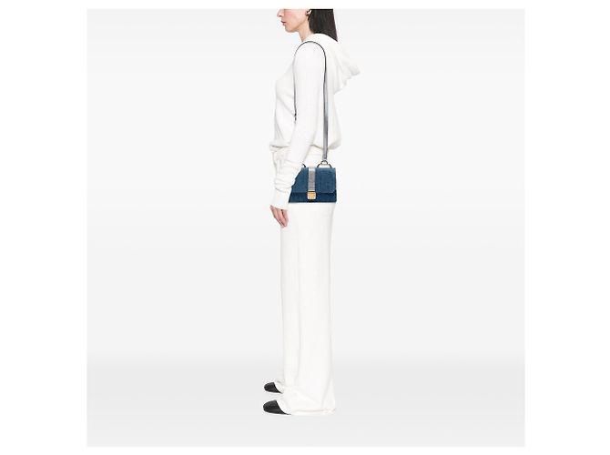 Miu Miu Borsa a tracolla Madras in denim blu e capra metallizzata - vista 5