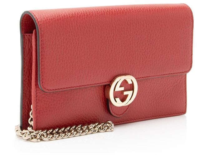 Cartera con cadena entrelazada G en piel de becerro granulada Gucci Roja - vista 2