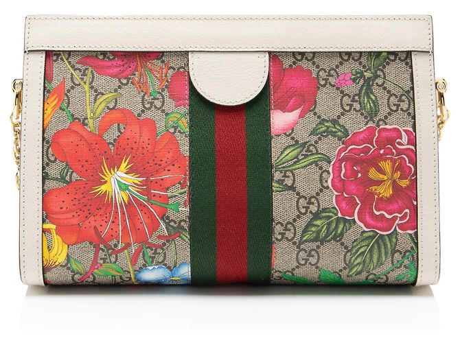 Borsa a tracolla Gucci GG Supreme Flora Ophidia Medium Chain Marrone Beige - vista 3