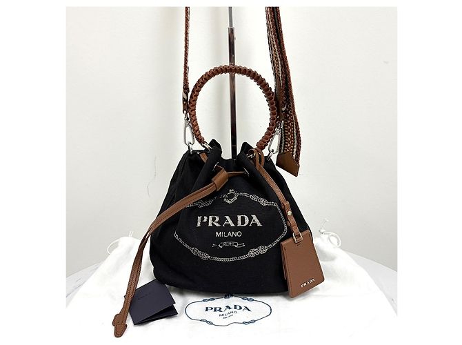 Prada Borsa a secchiello Kanapa in tela Crossbody Nera Nero - vista 14