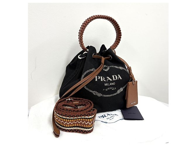 Prada Borsa a secchiello Kanapa in tela Crossbody Nera Nero - vista 8