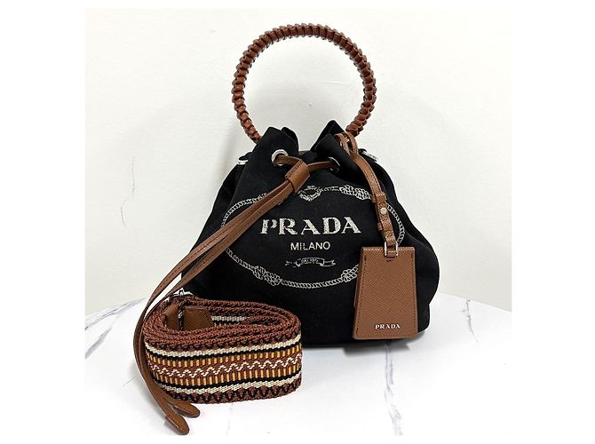 Prada Borsa a secchiello Kanapa in tela Crossbody Nera Nero - vista 9