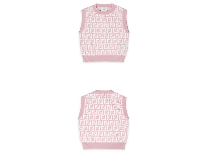 Fendi Strickweste aus Wolle mit FF Pique Allover für Kinder (Rosa) AQUH Weiß - Ansicht 2