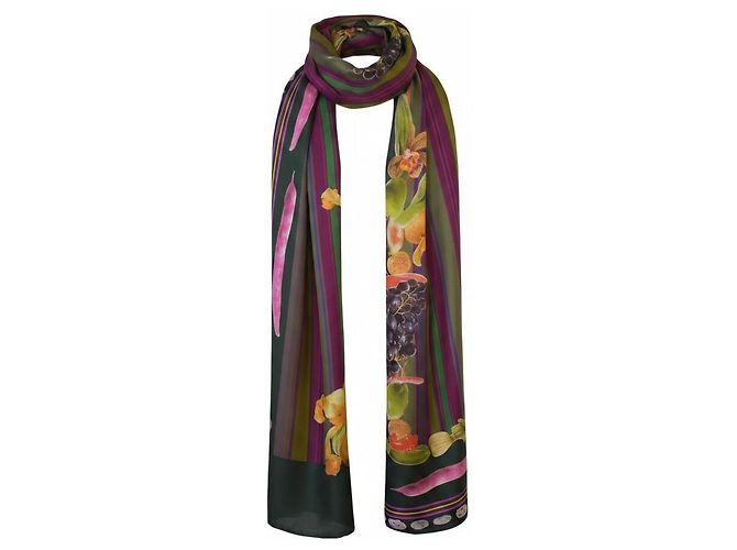 Echarpe Stole ETRO Milano 100% Seda Estampa de Frutas e Vegetais Uva Listrada Marrom Rosa Bege Verde Roxo Amarelo - vista 2