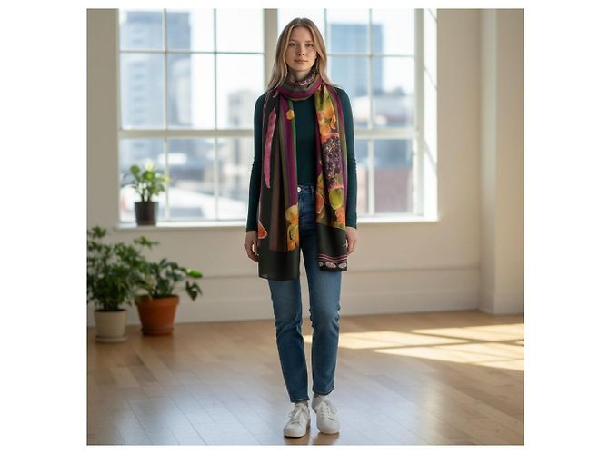Echarpe Stole ETRO Milano 100% Seda Estampa de Frutas e Vegetais Uva Listrada Marrom Rosa Bege Verde Roxo Amarelo - vista 9