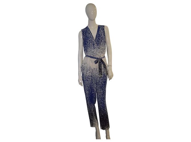 Mono de seda Diane von Furstenberg DVF Kawena para mujer 4 Azul Blanco con cinturón Cuello en V - vista 2