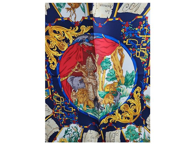 Carré Hermès in seta "Les Fables de La Fontaine" Bianco Rosso Blu Verde Gold hardware - vista 2