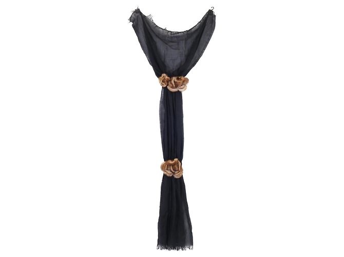 Stola in cashmere e seta con bordura in pelliccia di visone Fendi Marrone Nero - vista 2