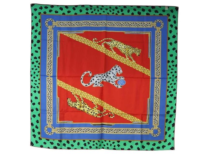 Sciarpa in seta CARTIER motivo leopardato Verde Blu Autentica am12079M - vista 12