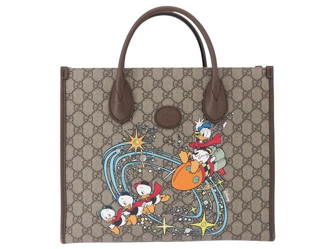 GUCCI GG Supreme Donald duck Hand Bag PVC 2way Beige Oro 648134 Auth BA14327M Dorado - vista 13