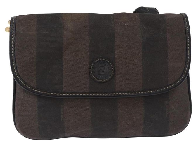 Pequin Borsa a Spalla FENDI Pecan Canvas PVC Nero Marrone Auth kk691 - vista 13