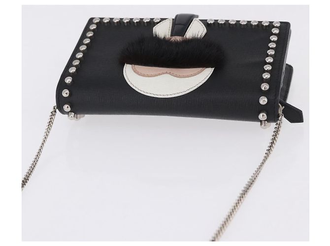FENDI Karito Chain Shoulder Wallet Pelle Nero Argento 8M0346 Auth ka5424V - vista 6