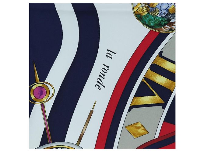 Hermès HERMES Carré 90 Sciarpa in seta "la ronde des heures" Navy White Auth ki6727M Bianco Blu navy - vista 12