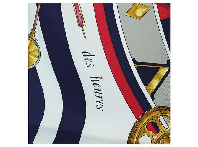 Hermès HERMES Carré 90 Sciarpa in seta "la ronde des heures" Navy White Auth ki6727M Bianco Blu navy - vista 13
