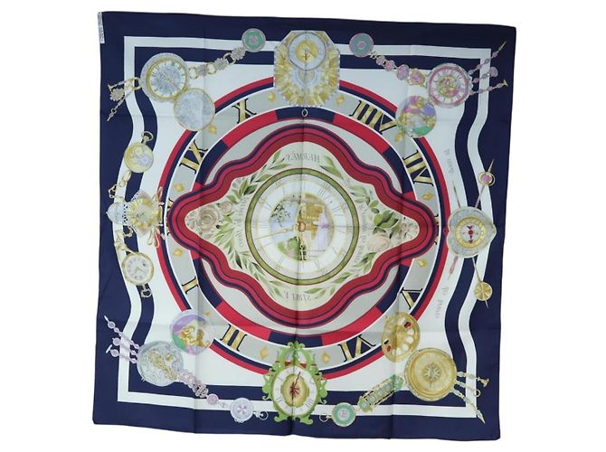 Hermès HERMES Carré 90 Sciarpa in seta "la ronde des heures" Navy White Auth ki6727M Bianco Blu navy - vista 16