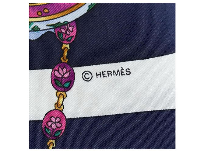 Hermès HERMES Carré 90 Sciarpa in seta "la ronde des heures" Navy White Auth ki6727M Bianco Blu navy - vista 18