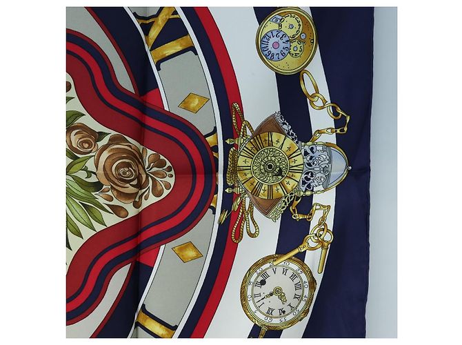 Hermès HERMES Carré 90 Sciarpa in seta "la ronde des heures" Navy White Auth ki6727M Bianco Blu navy - vista 7