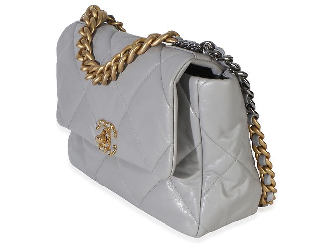 Chanel 19 Flap Bag aus gestepptem grauen Lammleder, groß Braun - Ansicht 3