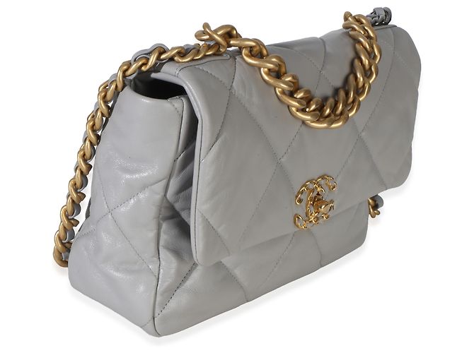 Chanel 19 Flap Bag aus gestepptem grauen Lammleder, groß Braun - Ansicht 4