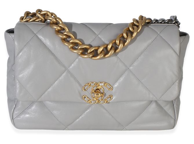 Chanel 19 Flap Bag aus gestepptem grauen Lammleder, groß Braun - Ansicht 8