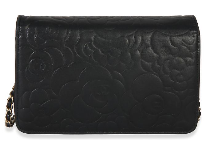 Portafoglio con catena in agnello nero con camelia Chanel - vista 2