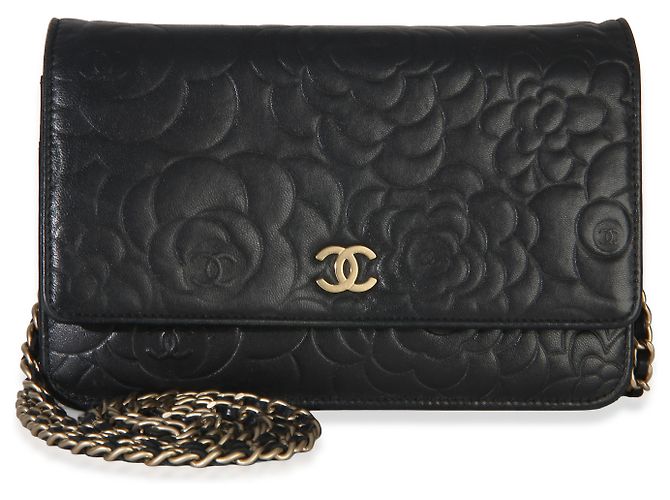 Portafoglio con catena in agnello nero con camelia Chanel - vista 8