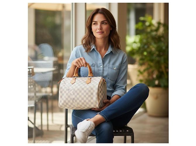 Louis Vuitton Speedy 30 Damier Azur N41533 LV White Canvas Handbag Dust Bag Damier ebene - vista 4