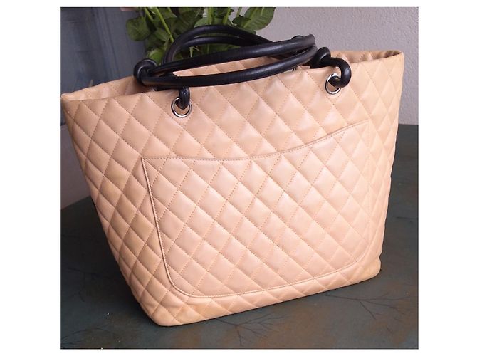 Borsa Shopper Chanel Grand Shopping Cambon Pelle Trapuntata Beige e Nera Nero - vista 15
