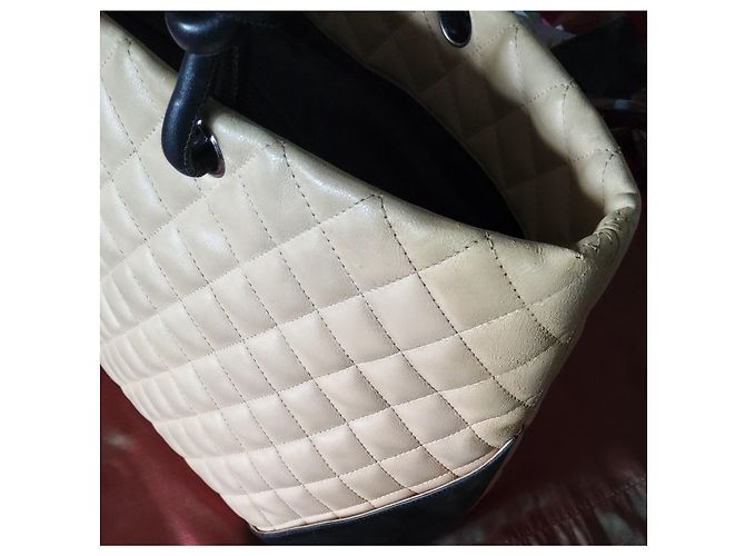 Borsa Shopper Chanel Grand Shopping Cambon Pelle Trapuntata Beige e Nera Nero - vista 4