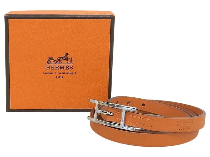 Hermès Pulseira Hermes Api 3 de couro com três fios e ferragem Silver Hardware Laranja - vista 2