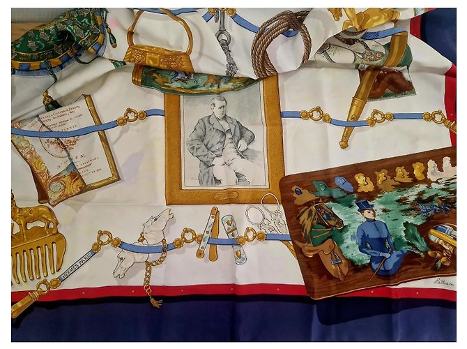 Hermès "Mémoire d'Hermès" Pañuelo de seda 90cm Castaño Blanco Azul Dorado Gold hardware - vista 2