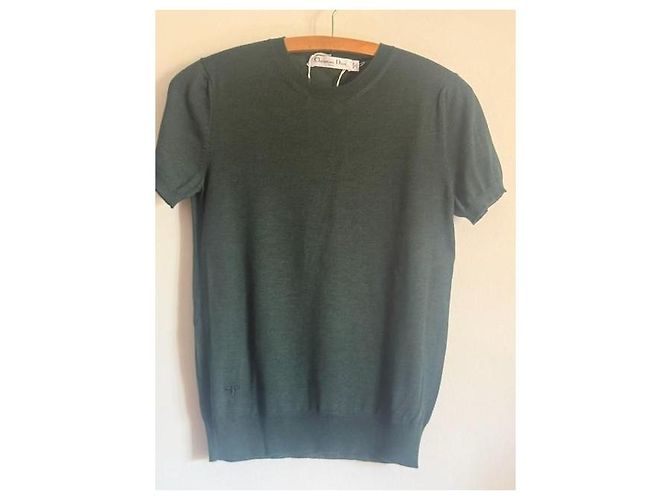 Christian Dior Kurzarm-Pullover aus Kaschmir und Seide - Grün Dunkelgrün - Ansicht 2