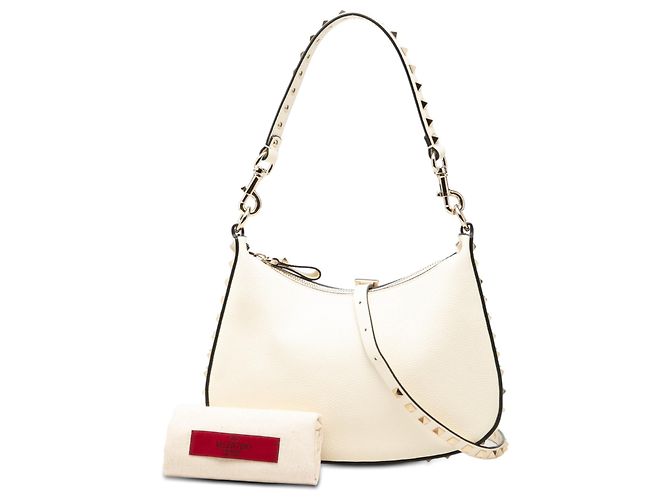 Valentino Borsa Hobo in pelle di vitello granulata bianca Rockstud Bianco Crudo - vista 7