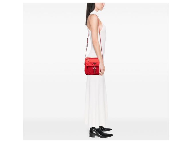 Borsa Messenger Prada Red Saffiano Trimmed Tessuto Zip Buckle Rosso - vista 6